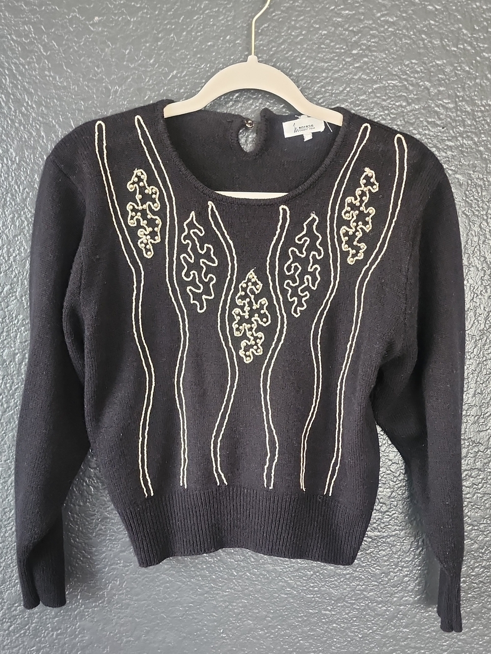 RESA Black Crewneck Sweater with Cream Embroidery